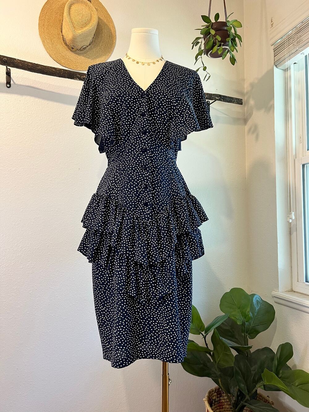Pistachio USA Vintage Blue Polka Dot Ruffle Short Sleeve Button Dress Size Small